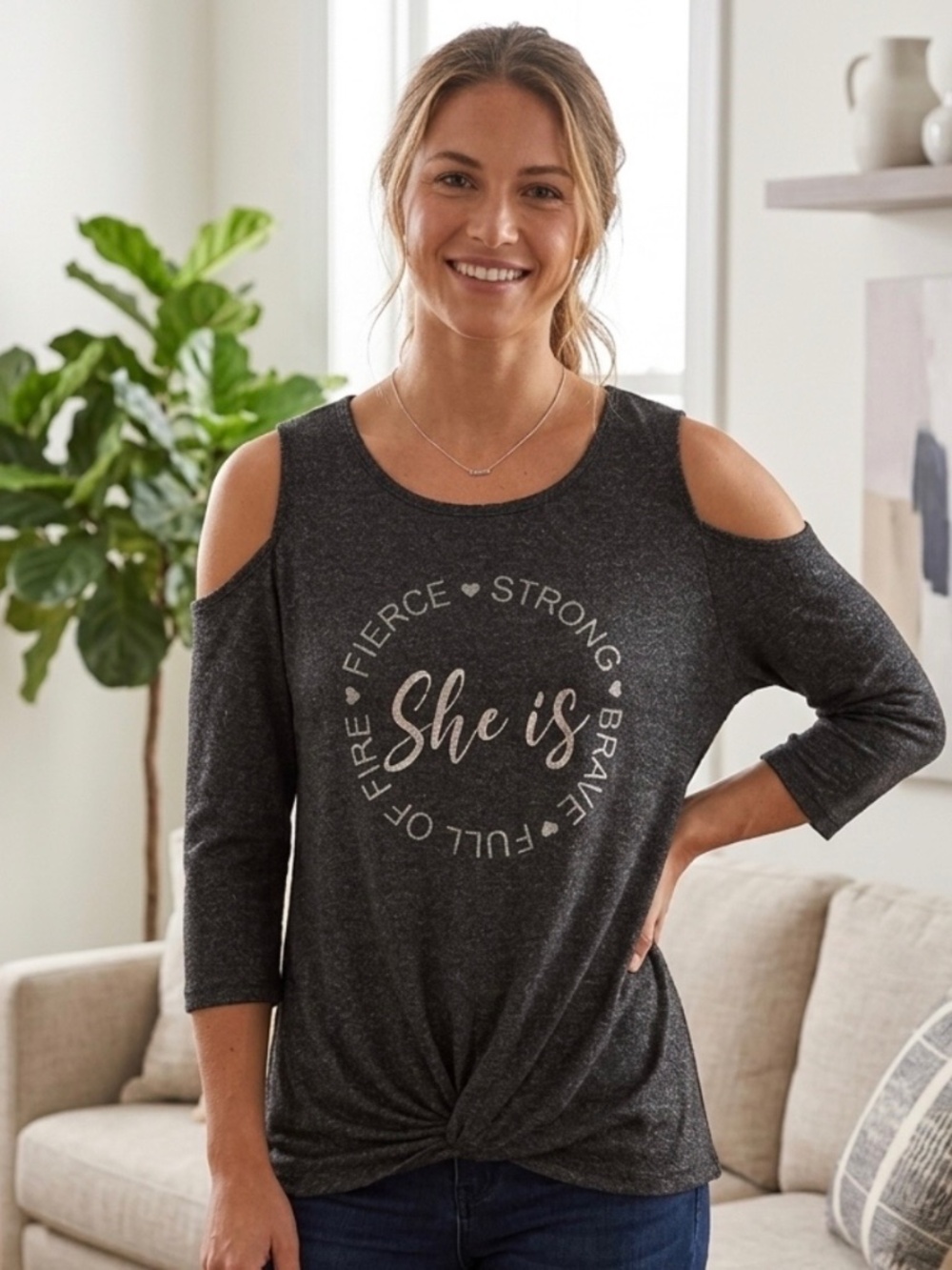 Ava James "She Is Fierce" Cold-Shoulder Twist-Knot Top L Boho Casual Chic Cozy